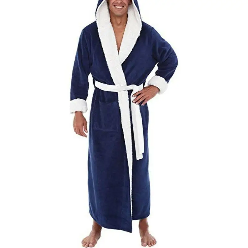 

Men Fleece Long Bathrobe Hooded Bath Robe Dressing Gown Soft Nightgown Nightwear Warm Winter
