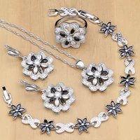 flowers silver 925 jewelry white black cubic zirconia jewelry sets for women party earringspendantnecklaceringsbracelet