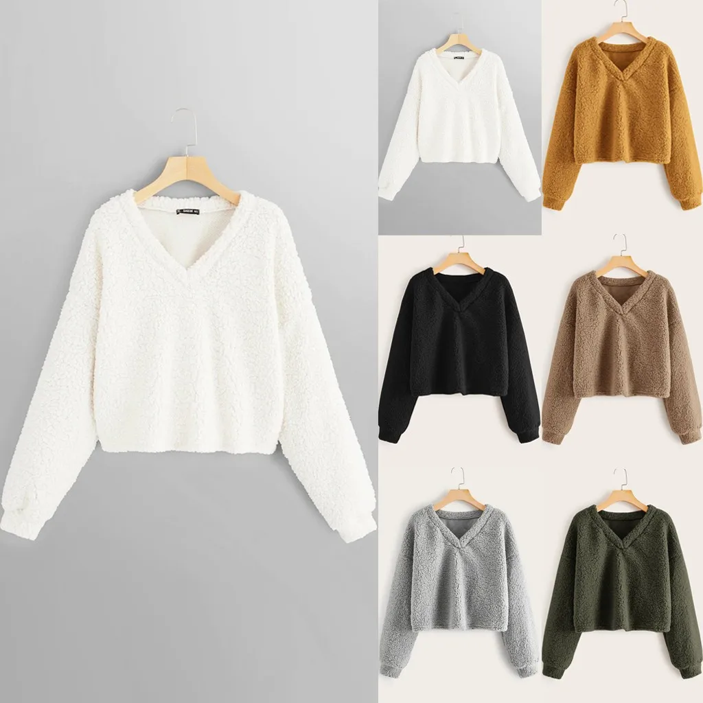 Kawaii moletom feminino sudadera mujer Модный свитшот Женский Повседневный свободный длинный рукав однотонный свитшот с v-образным вырезом