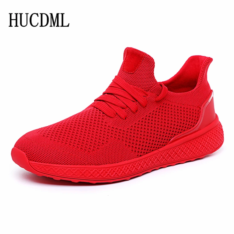 HUCDML Men Shoes Summer Mesh Breathable Light Mens Sneakers Solid Black Red Gray White Big Size 45 46 Support Dropshipping |