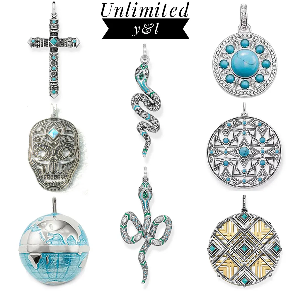 

Africa Disc Skull Cross Snake Earth Pendant Blue Natural Stone 925 Sterling Silver Jewelry DIY Necklace Accessories Women Men