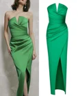 Женское вечернее платье, длинное зеленое Плиссированное атласное платье с V-образным вырезом
