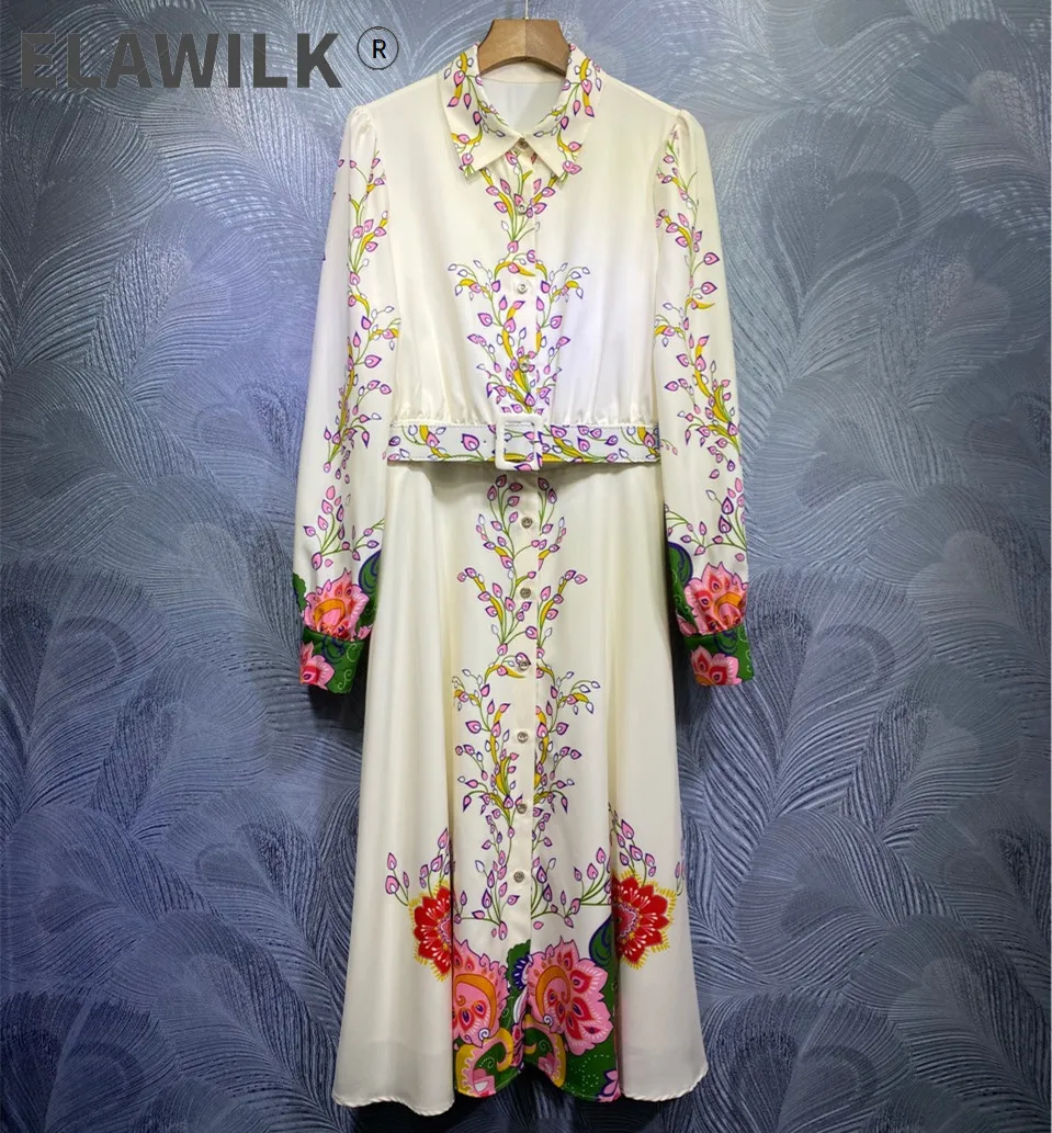 

2021 Autumn runways floral print Long sleeves belt dress High quality women's elegant dress C382
