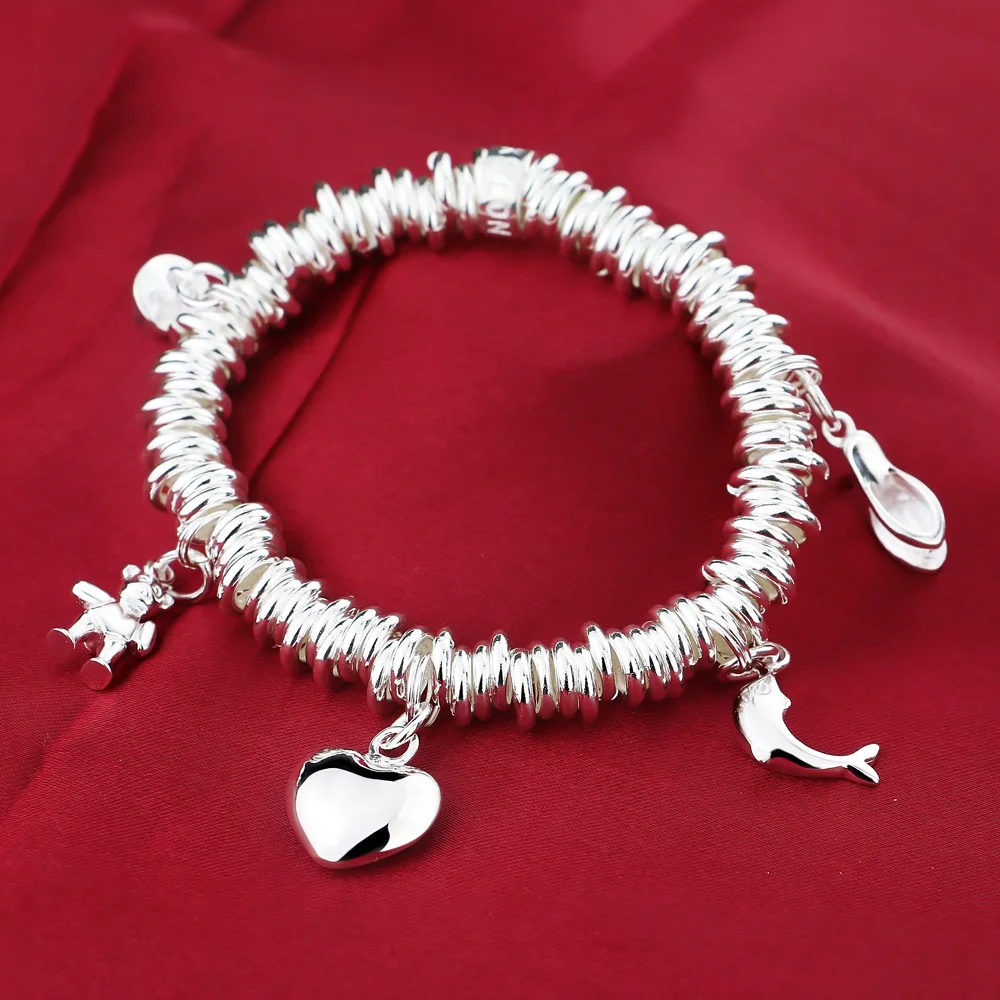 

European Charms Silver Original 925 Sterling Silver Circle Design Bracelet Cute Heart Pendant Jewelry Valentine's Day Gift
