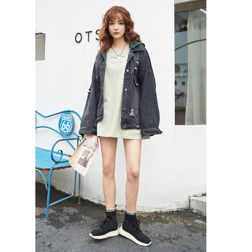 

2020 Autumn Basic Coat Denim Fabric Patchwork Vintage Jacket Women Cowboy Jeans 2020 Autumn Frayed Ripped Denim Hole Jacket