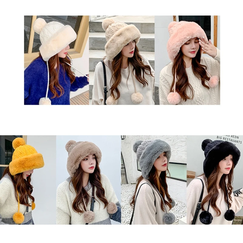 

Women Winter Warm Thicken Plush Cable Knit Bomber Hat Solid Color Cute Pompom Windproof Snow Ski Earflap Trapper Cap