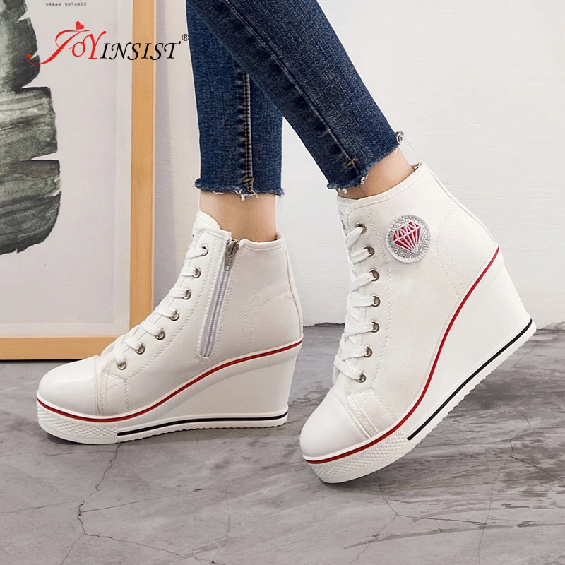 Women Shoes Hidden Wedge Invisible Heel Shoes 2022 Women Casual Shoes Canvas High Top Breathable Platform Sneakers Side Zipper