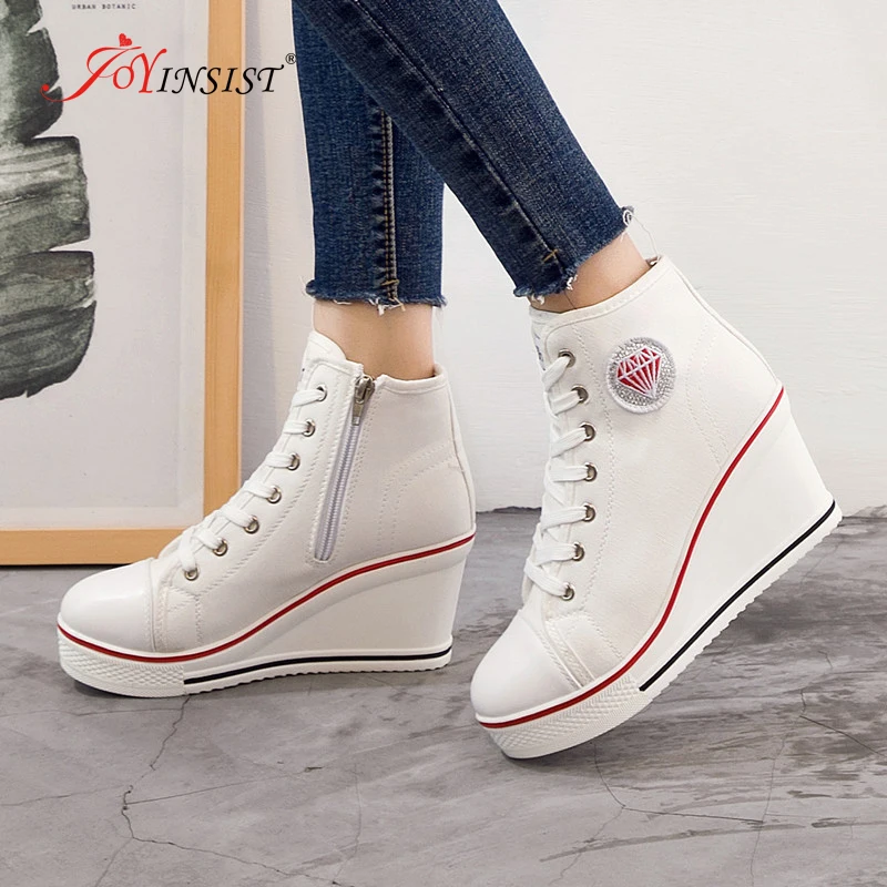 

Women Shoes Hidden Wedge Invisible Heel Shoes 2022 Women Casual Shoes Canvas High Top Breathable Platform Sneakers Side Zipper