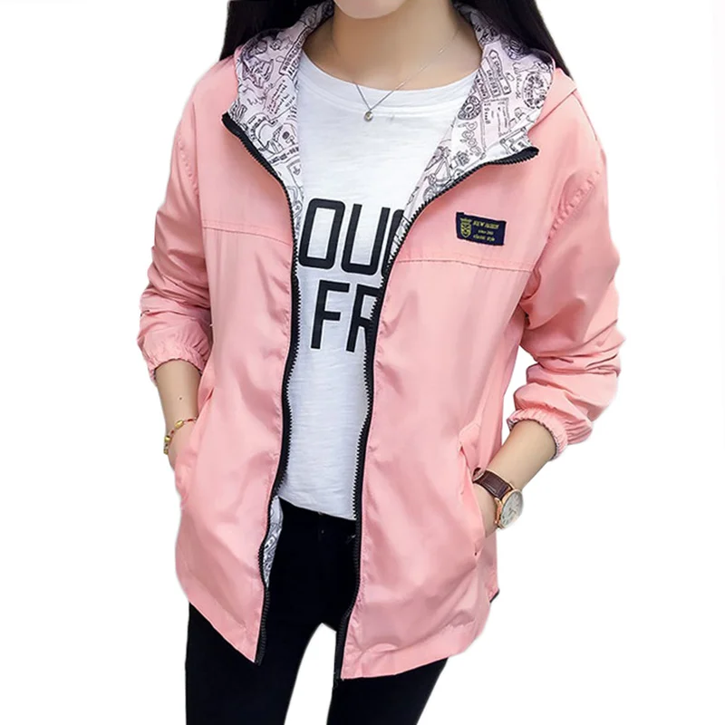 

Spring Autumn Fashion women Bomber women Jacket Pocket Zipper Hooded Two Side Wear Outwear Loose Plus Size Windbreaker Famale