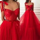 Женское Тюлевое платье на тонких бретельках, красное платье ручной работы с цветами, кристаллами, длиной в Пол, длинное платье для выпускного вечера, 2020
