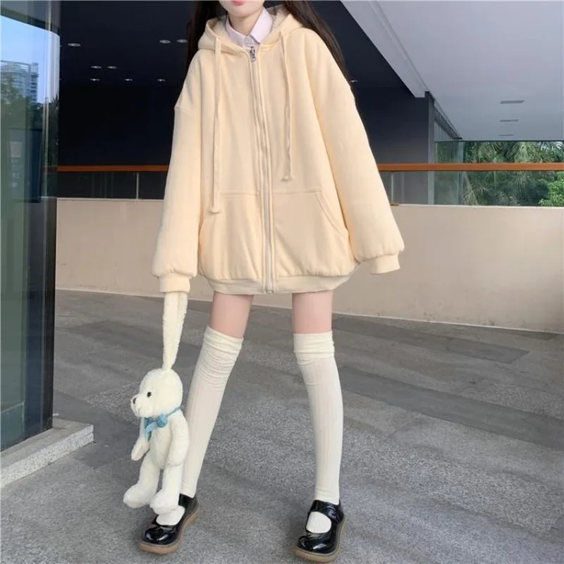 

Solid Hoodies Women Japanese Style Chic Trendy Popular Kawaii College Students Harajuku Warm Thicker Spring Autumn Loose Leisure