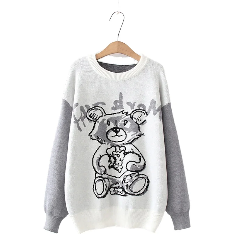 Women Cartoon Bear Embroidery Knitted Jumper 2020 Winter Sweet Girl Long Sleeve Pullover O-Neck Loose Knit Sweaters 2010983