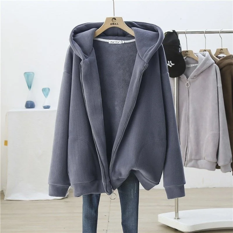 

[EWQ] Korea Chic 2021 New Loose Korea Grey Hooded Sweatshirt Zipper Jacket Women's Plush Thickened Jacket Female Fashion 16R56