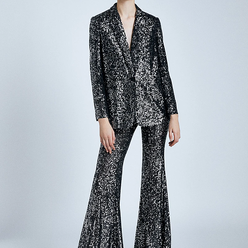 Винтажный стильный офисный пиджак с карманами и блестками пальто для женщин 2019