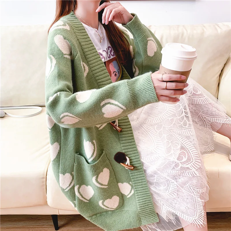 

2020 autumn and winter new love horn buckle sweater coat female large size loose mid-length sweet student sweater