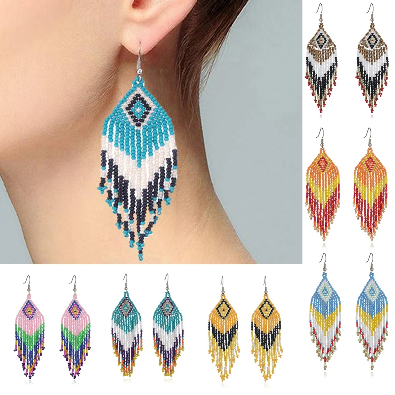

Women Bohemian Earrings 2021 Trend Handmade Beaded Long Tassel Dangle Earrings Vintage Hanging Earrings Lady Jewelry Accessories