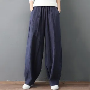 Брюки-шаровары женские, хлопковые, льняные, широкие, со складками, с карманами, осень размера плюс 2021