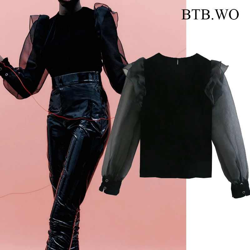 

BTB.WO Za Женская блузка 2021 Сексуальная Блузка Винтажная с круглым вырезом бархатная Лоскутная с пышными рукавами женские рубашки