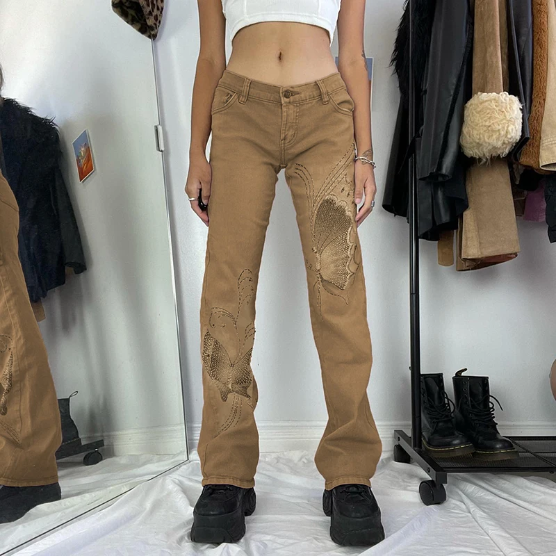 

WeiYao Khaki Low Waist Y2K Denim Jeans Butterfly Print Cute 2000s Straight Trousers Women Vintage 90s Aesthetic Sweatpants