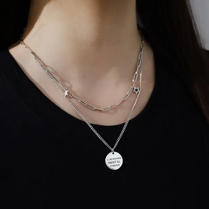 

MEYRROYU Silver Color Punk Hip-hop Letter Pendant Star Chain Necklace Women Creative Double-layer Design Jewelry On Neck Gift
