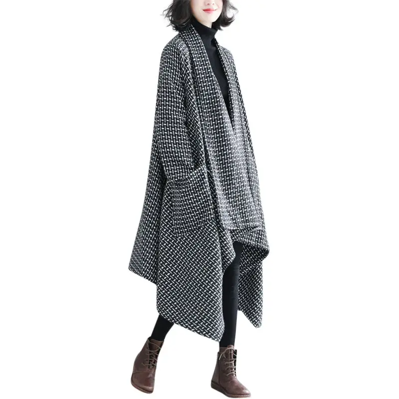 Irregular Windbreaker Women 2020 New Spring Autumn Lattice Thickened Large Size Long Cardigan Jacket Oversized Sweater Coat r175 |
