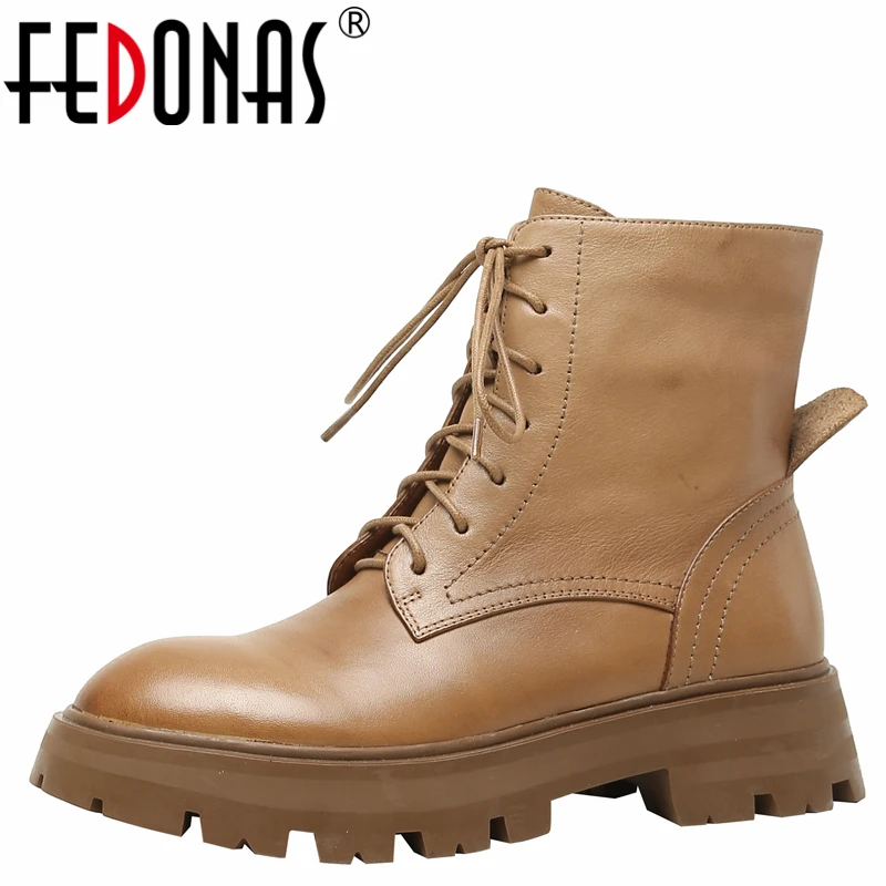 

Женские ботильоны из натуральной кожи FEDONAS, Повседневная Уличная обувь на толстом каблуке с перекрестной шнуровкой, Осень-зима 2021