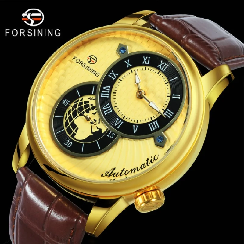 Часы мужские механические с кожаным ремешком под золото | Наручные часы