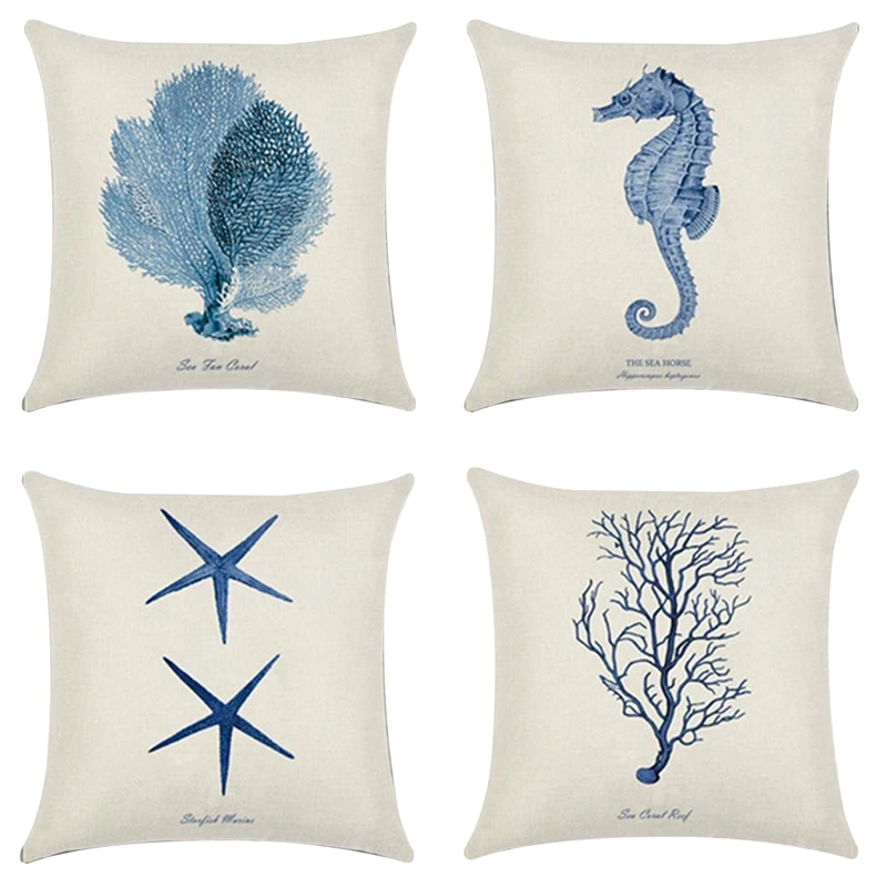 

4 PCS Hand-Painted Marine Coral Starfish Sea Horse Pillowcase Linen Pillow Cover Home Decor Cushion Cover Pillow Case