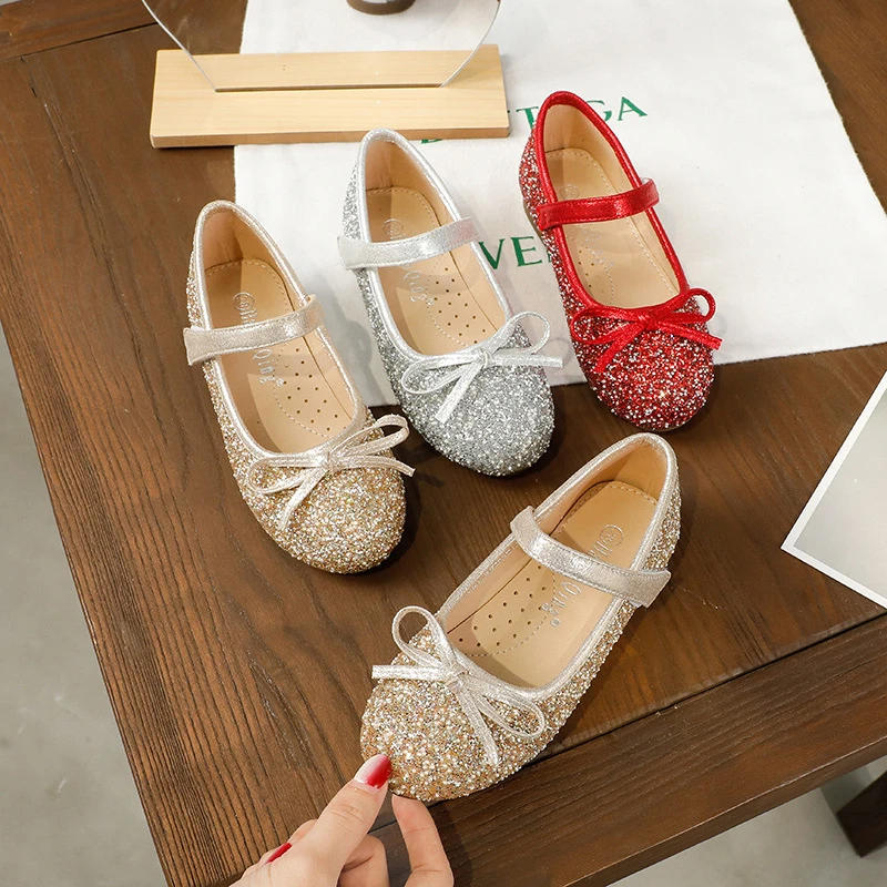 

New Spring/Autumn Crystal Shoes Girls Princess Dance Leather Shoes Children Flats Breathable Baby Toddler Moccasins Kids Silve04