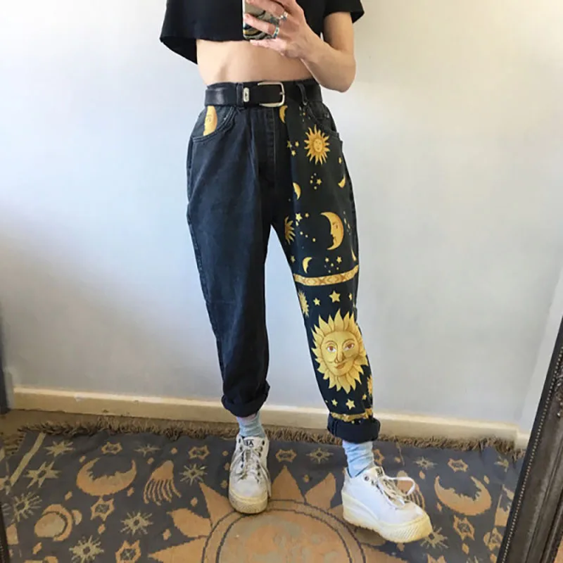 

Digital Moon Star Printed Straight Pants Trendy Pants Jeans Fashion Printed Ladies High Waist Young Girls Chic Denim Pants