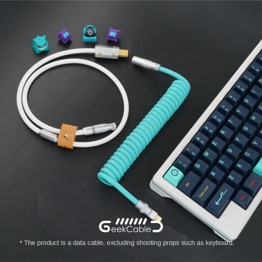 GeekCable Hand-made Customized Keyboard Data Spiral Line Rear-mounted Aviation Plug Super Elastic Rubber Tiffany + White