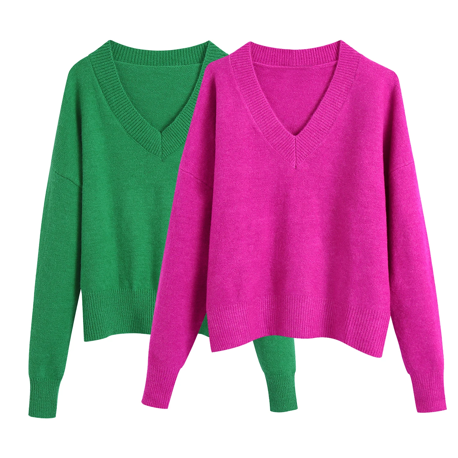 

JUNWU Za 2021 Autumn Women's Red Green Color V-neck Loose Long Sleeve Elastic Chic Knit Sweater Pullover Fashion British Style