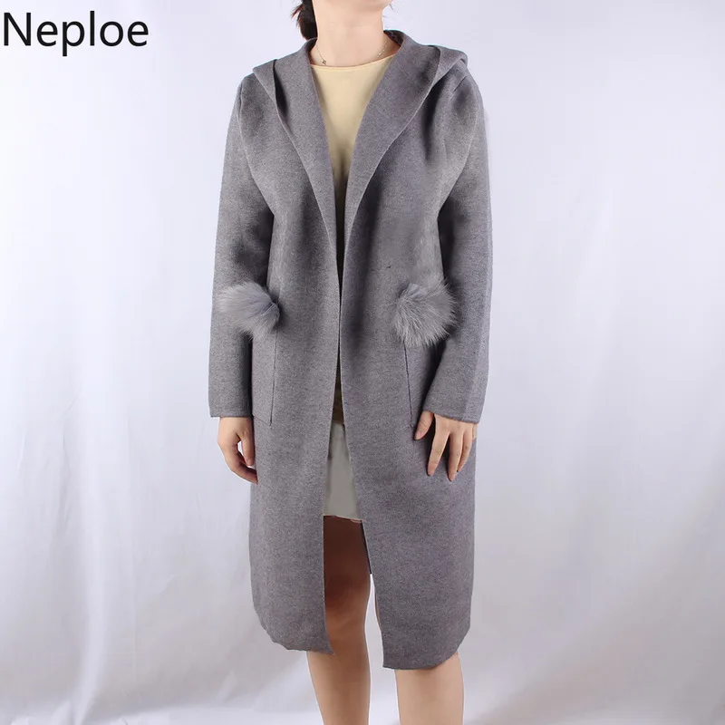 Neploe женский длинный свитер с капюшоном пальто осень зима толстый вязаный кардиган мех пэчворк карман вязание открытый стежок 54444
