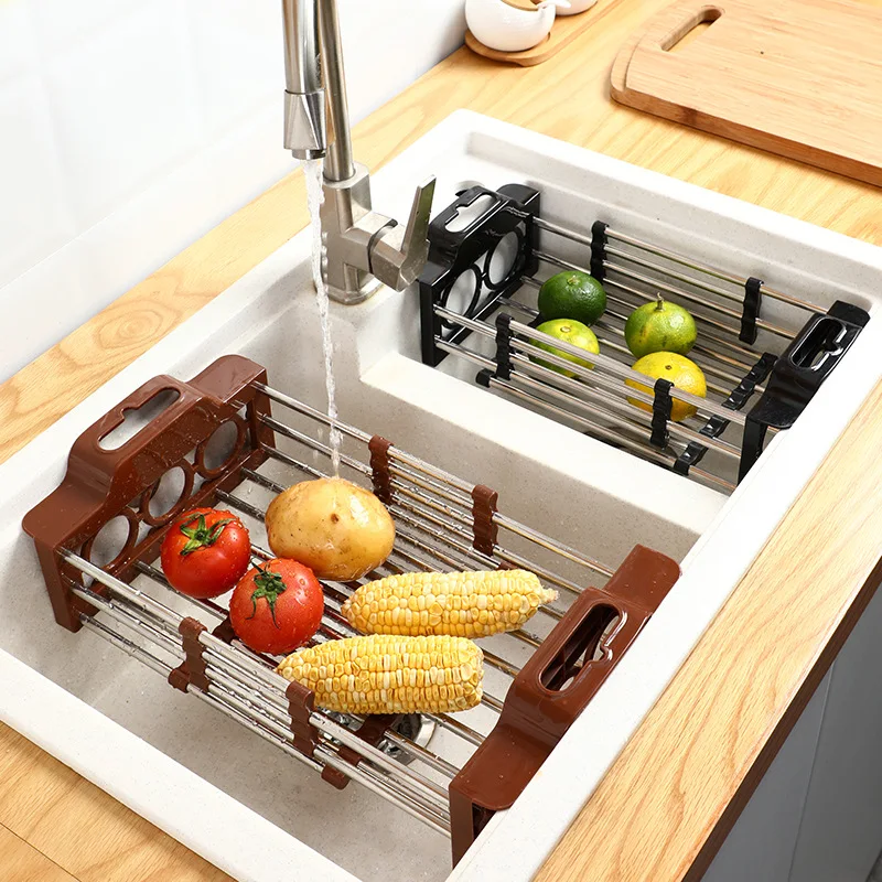 

Multi-Function Adjustable Drain Rack Stainless Steel Kitchen Sink Caddy Fruit and Vegetable Tableware Wash Rack