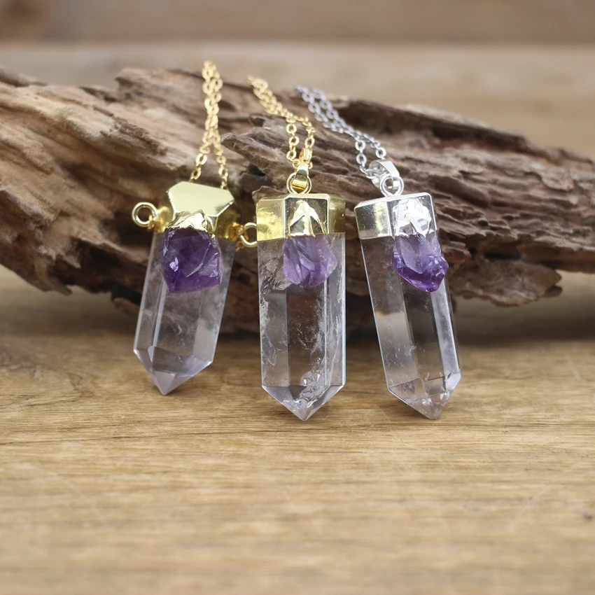 

Clear Crystal Point Inlay Amethysts Pendants Gold/Silvery Chains,Natual Quartz Charms Necklace Women Jewelry Dropshipping,QC3098