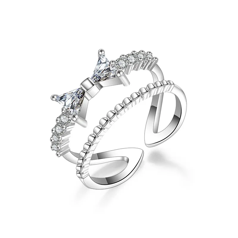 

925 Sterling Silver Double layer Crystal Bowknot Rings For Women Wedding Birthday Finger Ring Jewelry jz436