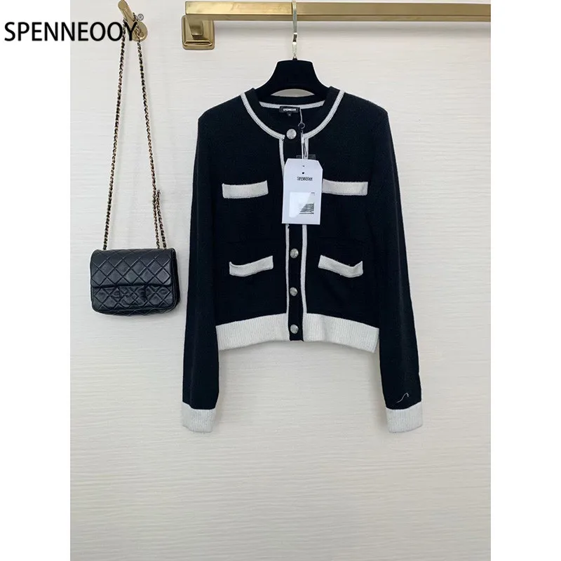 

SPENNEOOY Designer Brand Autumn Wool Cashmere Knitting Cardigan Women Single Breasted Black White Sweater Jackets