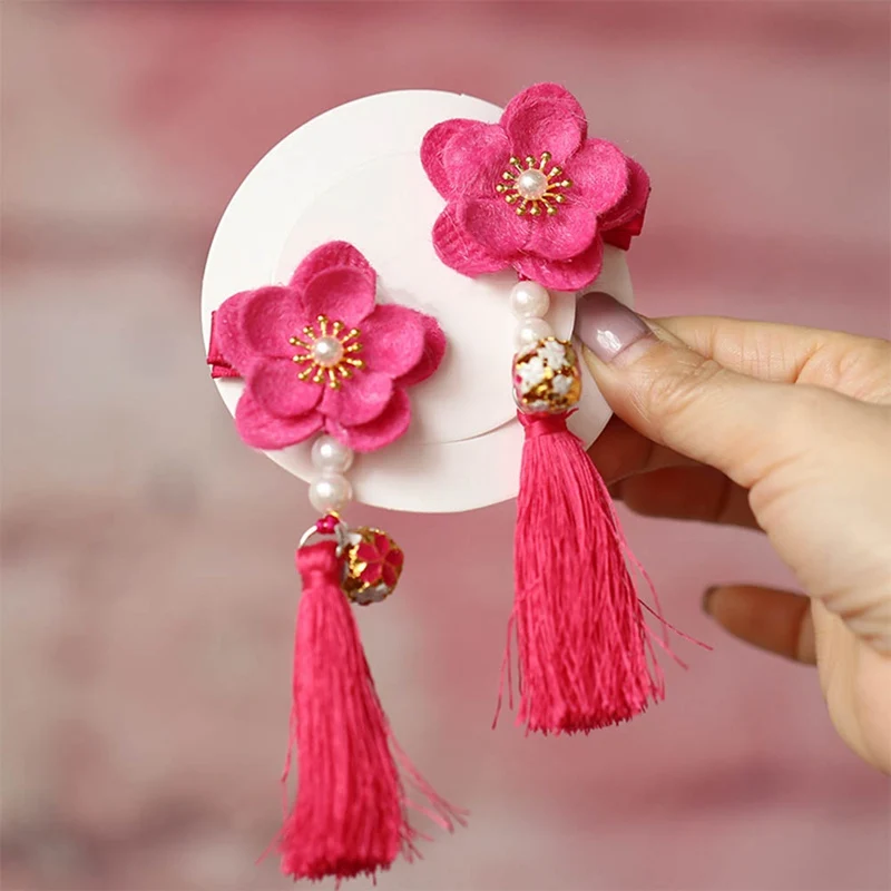 

Baby Girls Chinese Style Kids Hair Clip Flower Fabric Tassels Hairpin Pearl Hair Accessories