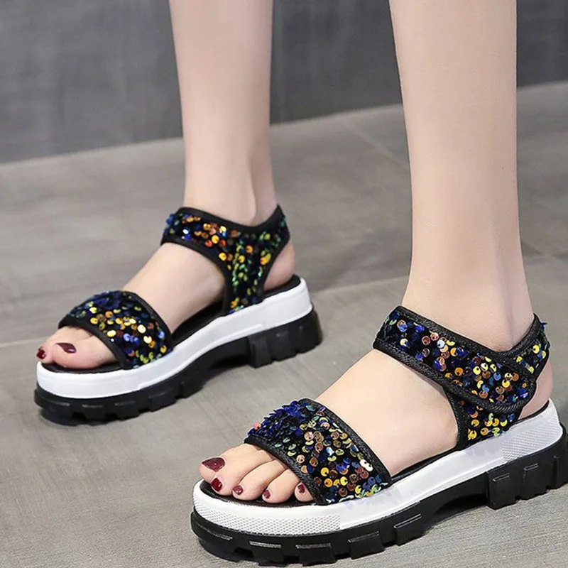 

Summer Outdoor Women Sandals Hook Loop Bling Thick Bottom Non-Slip Concise Female Shoes Fashion Comfortable Ladies Sandals 2021