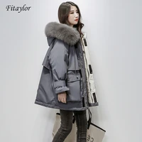 fitaylor large natural fox fur hooded winter jacket women 90 white duck down thick parkas warm sash tie up snow coat