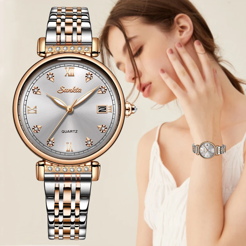 Часы Sunkta женские кварцевые простые модные водонепроницаемые с бриллиантами