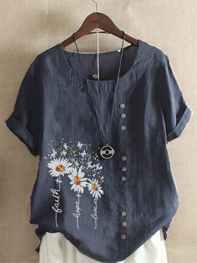 

Summer Casual Printed Loose T-shirts Vintage Plus Size Round Neck Short Sleeve Blouse Tops For Women S-5XL