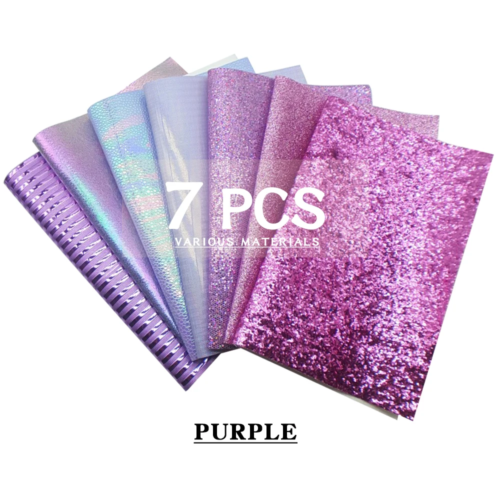 

QIBU 7pcs A4 Synthetic Leather Chunky Glitter Fabric Mixed Type PU Leather For Home Made Earring DIY Bags Bow Craft Accessories