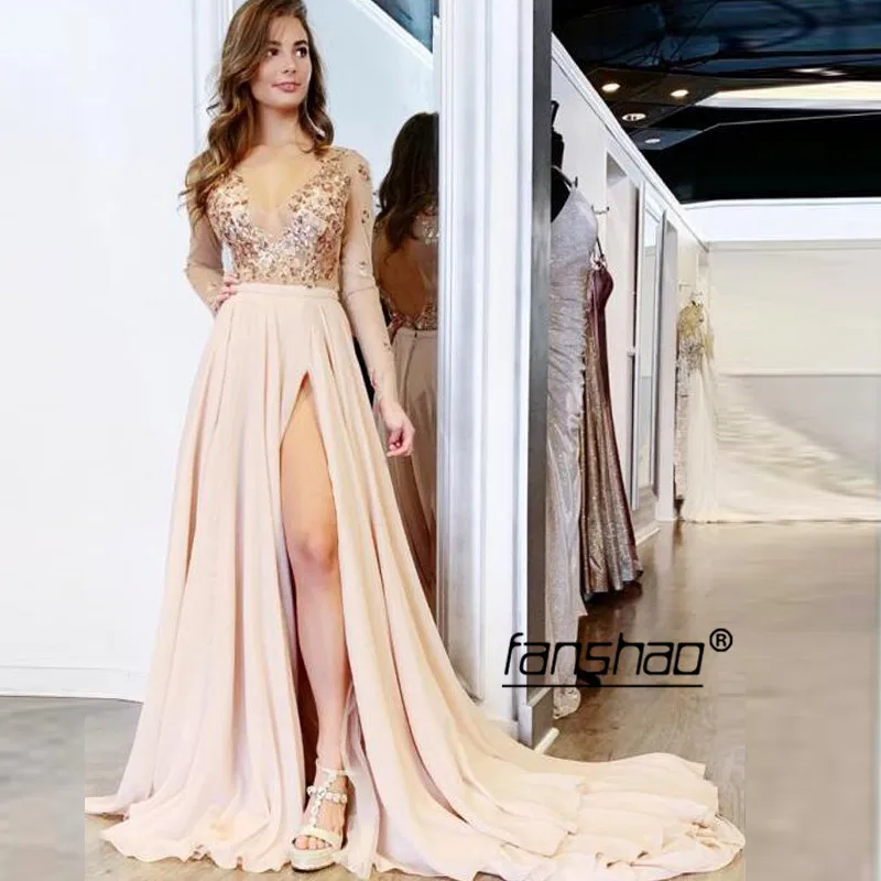 

Slit Evening Dresses Deep V-neck Applique Champagne Chiffon Full Sleeve Special Occasion Islamic Dubai Saudi Arabic Prom Dress