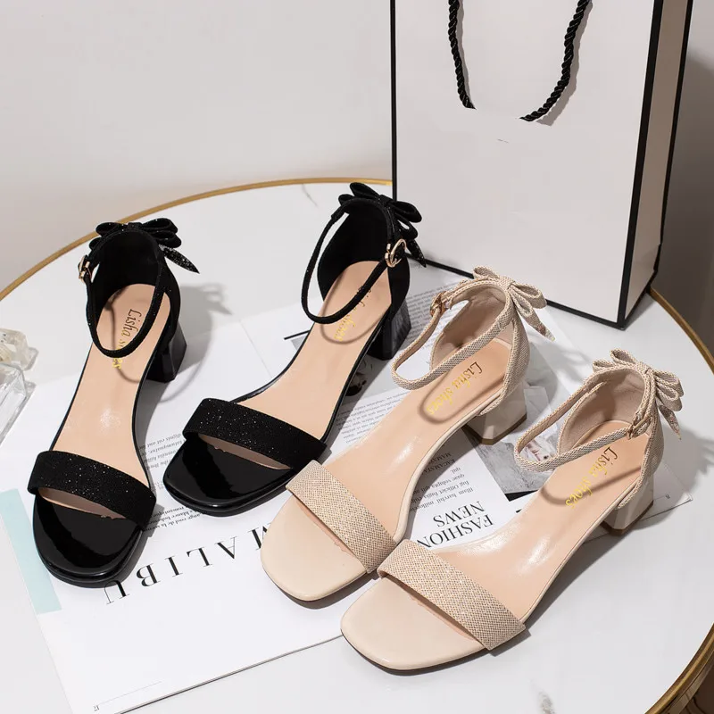 

2021 Summer Clear Heels Chunky Sandals Black Shoes for Women Square Toe All-Match Buckle Strap Med Block Beige Girls High New Me