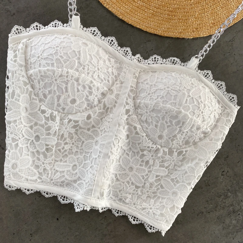 

Foamlina Fashion Women Crochet Lace Camisole Chain Straps Slim Crop Top Summer Sexy Pleated Elastic Club Party Basic Tank Tops