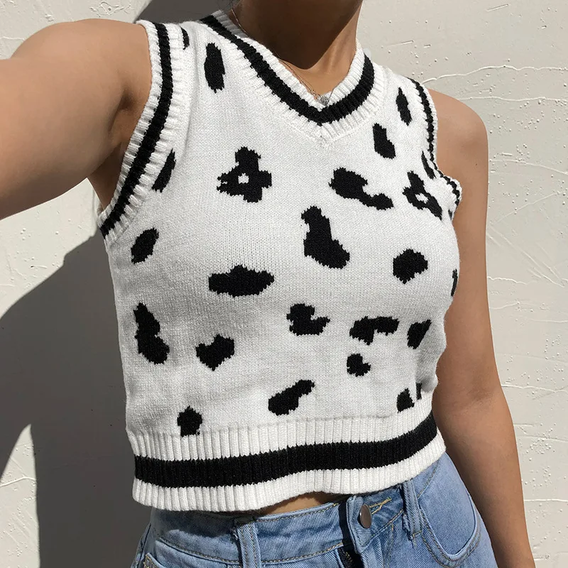 

Spring/Autumn New Fashion Knitted Jacket Cow Spot V-neck Sleeveless Short Woolen Vest Cute Trend Street Casual Sweater Girl Vest
