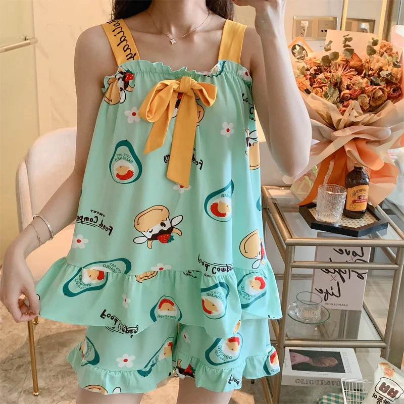 Sanderala Sexy Womens Pajamas Sets Bow Sleepwear Plus Size High Quality Lingerie Cute Nightgown Sleeveless Nighty Pajama Pants