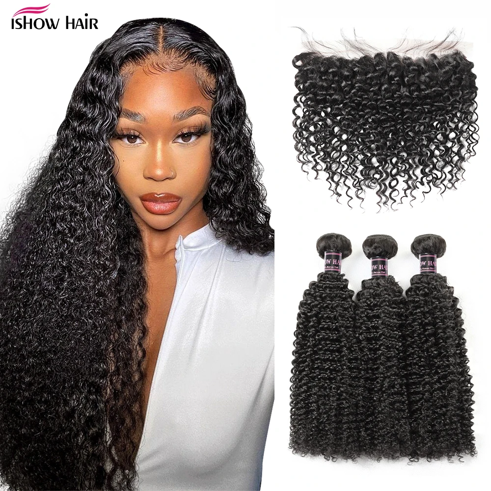 Ishow Kinky Curly Hair Bundles With Closure Remy Human Hair Bundles With Closure 13X4 Lace Frontal Brazilian Hair Weave Bundles