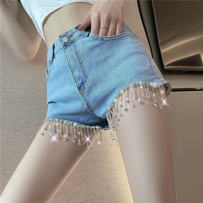 

Summer Sexy Hign Waist Denim Shorts Slim Design Jeans With Shinny Diamond Tassels Women Super Short Jeans